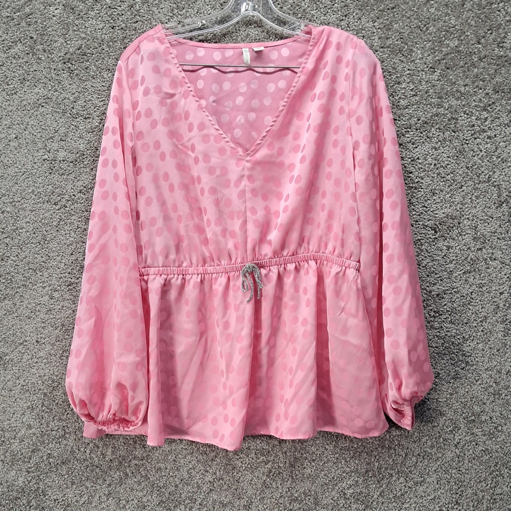 Cato Womens Pink Polka Dot V-Neck Peplum Top with‎ Rhinestone Bow Size 14/16W